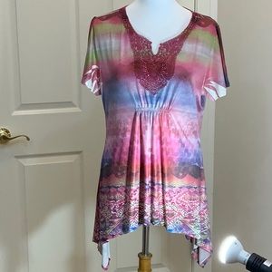 One World Shark Bite Hem Tunic Large Colorful